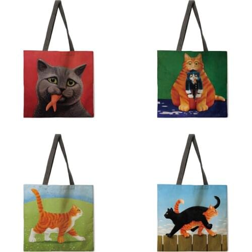 Ladies Fashion Shopping Bag Linen Reusable Tote Bag Oil Painting Cat Print Shoulder Bag Outdoor Beach Bag Leisure Tote Bag
