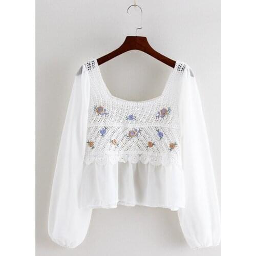 Chiffon Shirt WomenS Flower Embroidery Bohemian Knit Blouse Retro Square Collar Short Hollow Holiday Wind Blouse