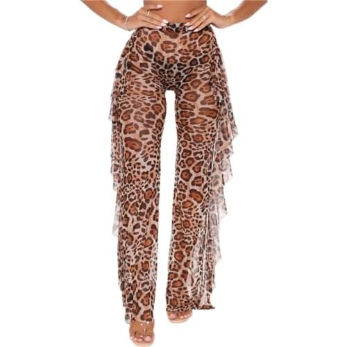 2021 Womens Leopard Printing Stretch Pants Tight High Waist Slim Trousers Casual Side Whiskers Decoration Long Pants Coverup