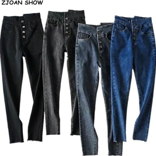 2020 Vintage Skinny Five Buttons High Waist Pencil Jeans Women Slim Fit Stretch Denim Pants Full Length Denim Tight Trousers
