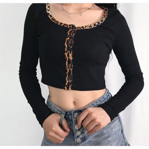 Fall 2021 new elastic ribbed leopard print stitching single-breasted cardigan long-sleeved T-shirt womens short crop top