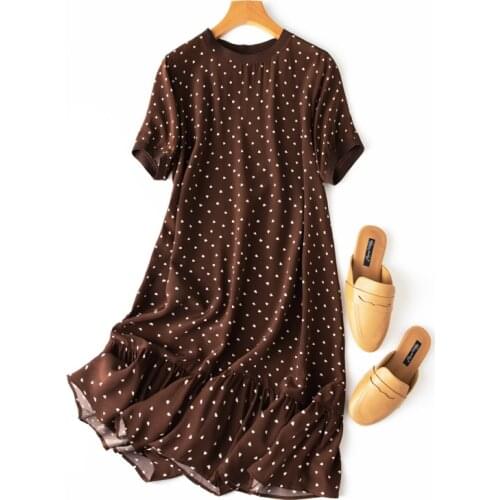 Womens 100% Natural Mulberry Silk cute type Crew neck short sleeve Long Dress Coffee Dots M L XL M104
