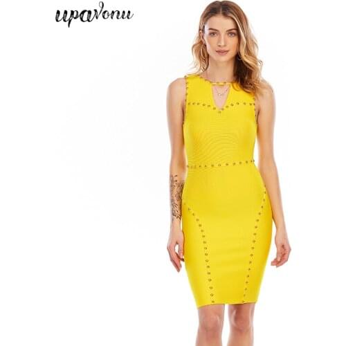 Free Shipping 2021 New Womens Yellow Rivet Bandage Dress Sexy O-neck Hollow Sleeveless Bodycon Dress Club Night Party Vestidos