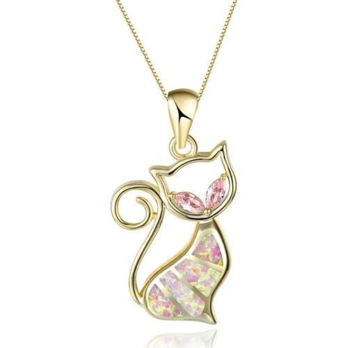 Vintage Fashion Animal Necklace Pink Fire Opal Cute Small Cat Pendant Necklace Rose Gold Silver Color Chain Necklaces For Women