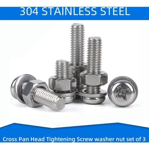 304 Stainless Steel Cross Round Pan Screw with Flat Washer Nut Phillips Screws set of 3 Bolt M2 M2.5 M3 M4 M5