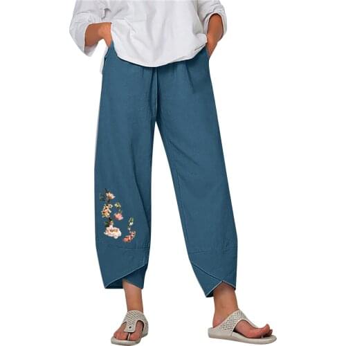 Summer Pants Women Cotton And Linen Casual Loose Pants Ladies Fashion Cute Embroidered Wide-Leg Pants Long Trousers ropa mujer