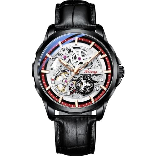 Mens Mechanical Watch Sports Waterproof Automatic Stainless Steel Hollow Silver Dial Mens Luxury Watch Genuine AILANG 8650