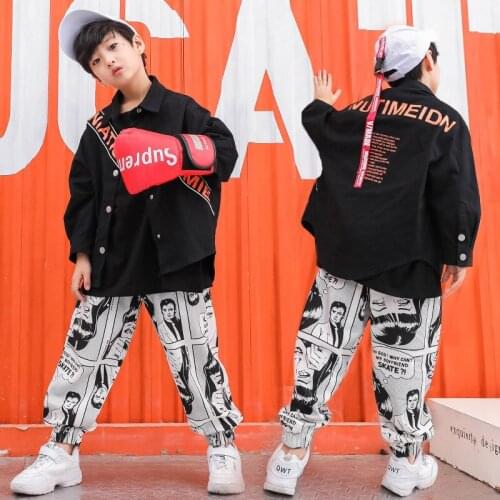 Girls Boys Black Denim Coats Hip Hop Clothing Jacket Jazz Jogger Dancing Pants T Shirt Dance Costume for Kids Ballroom Clothes