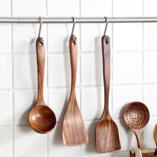 Wooden Spoon Kitchen Utensils Set Kitchen Tool Natural Teak Wood Cooking Tool Sets Nonstick Spatula Soup Spoons Dropshipping