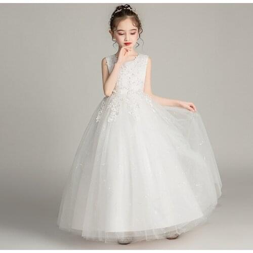 Childrens Festive Clothes Kids Ball Gown White Dress Lace Applique Elegant Formal Evening Long Dresses for Girls