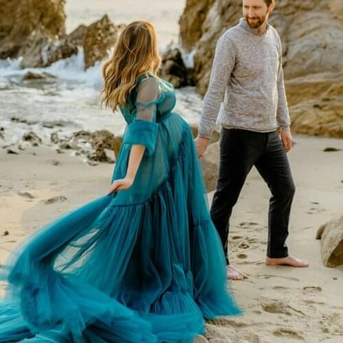 Elegant Blue Maternity Dress for Photo Shoot Custom Made Sheer Tulle Long Maternity Robes Women Dresses for Photography