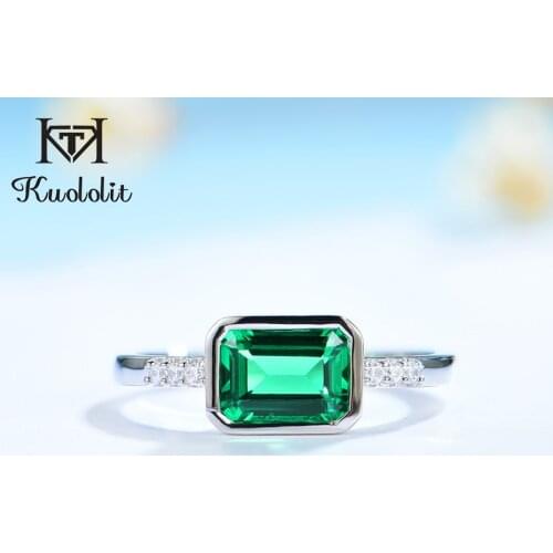 Kuololit Bezel Setting Ring for Women Solid 925 Sterling Silver Created Emerald Luxury Jewelry for Wedding Engagement Christmas