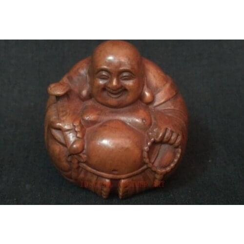 YIZHU CULTUER ART Collection Old China Boxwood Hand Carved Happy Maitreya Statue Family Decoration