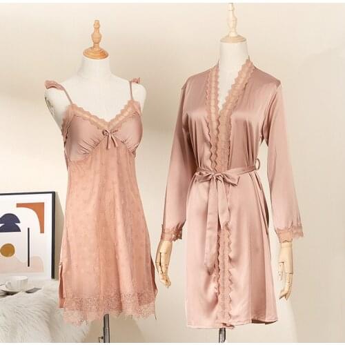 Wedding Bathrobe Robe Set Female 2PCS Sleepwear Bride Bridesmaid Nightgown Loose Casual Nightwear Sexy Lace Home Dressing Gown