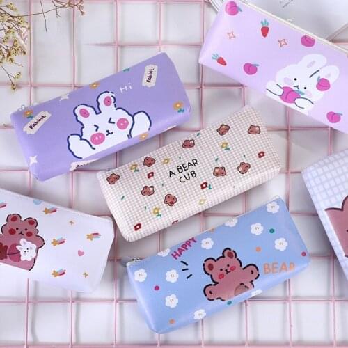 Cartoon Leather Kawaii Student Stationery Cute Rabbit Pencil Case Cartoon Student Stationery Cute Bag Large-capacity Waterproof