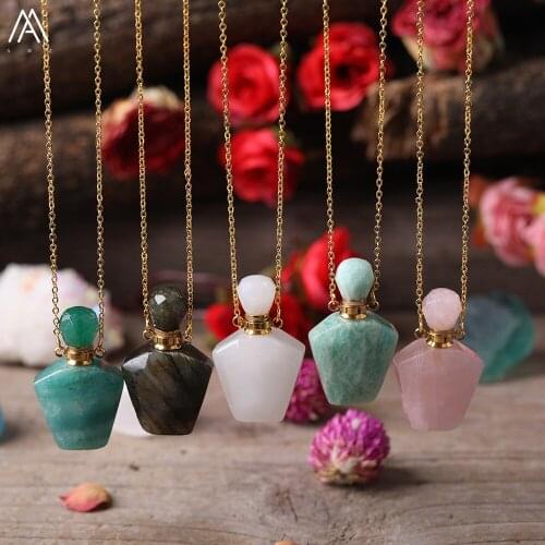 Natural Stone Faceted Essential Oil Diffuer Pink Quartz Labradorite Stone Perfume Bottle Pendant Gold Necklace For Women Gift