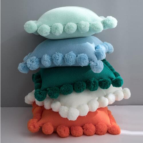 Cushion Cover White Green Orange Blue Solid Knitted Pillowcase with Big Pompon Sofa Bed Home Decoration 45*45cm Pillowcase
