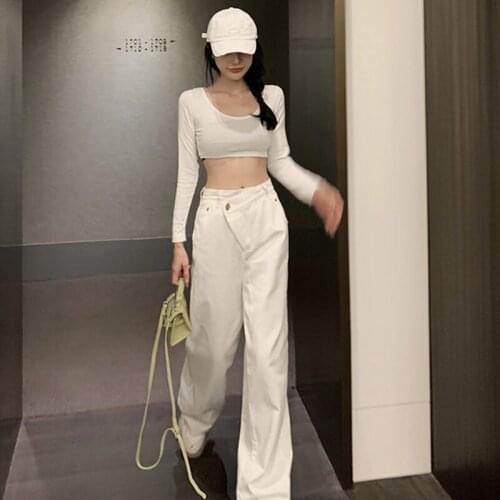 2021 New High-quality White High-waist Womens Jeans Fashion Solid Color Wide-leg Trousers Womens Straight-leg Pants