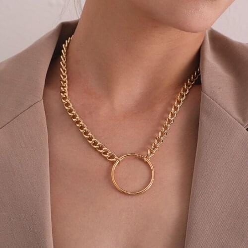 Punk Aluminium Thick Chains Round Circle Pendant Necklaces Women Vintage Exaggerated Geometric Clavicle Necklace Party Jewelry