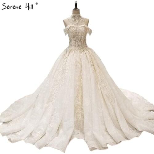 Sleeveless Luxury Big Train Vintage Wedding Dresses Off Shoulder Pearls Sequined High-end Bride Gowns 2020 Real Photo