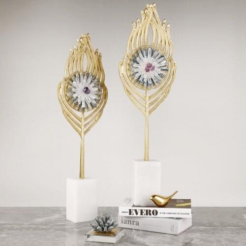 Modern Natural Crystal Stone Crafts Desktop Ornaments For Office Home Room House Brass Flower Layout Decor Floor Statue Gifts