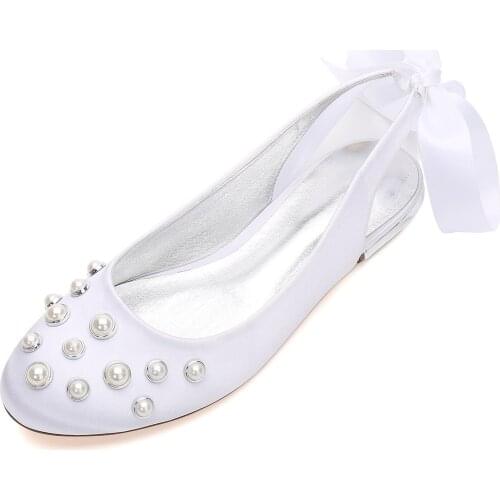 Comfort Flat Satin Pearls Women Wedding Flats Round Toe Ribbon Tie Formal Evening Party Bridal Dress Flat Shoes Women