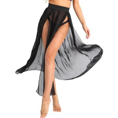 New Women Fashion Dance Skirt Solid Color Sheer Chiffon See Through Flowy Split Long Maxi Skirt Beach Cover Up Skirt Dancewear