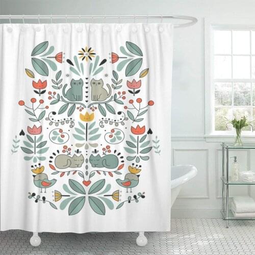 Funny Swedish Folk Cartoon Cats Birds and Flowers Ethnic Shower Curtain Waterproof Polyester Fabric 60 x 72 Inches with Hooks