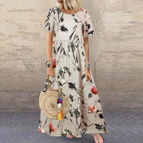 ZANZEA Summer Maxi Dress Womens Bohemian Printed Sundress Casual Short Sleeve Vestidos Female Party Beach Dresses Baggy Femme