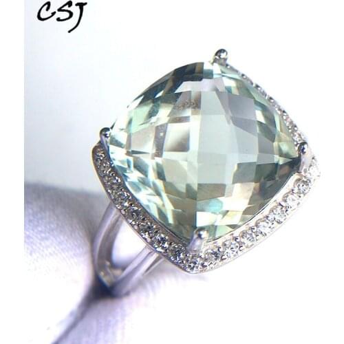 CSJ Elegant green amethyst ring cushion cut12mm gemstone rings sterling 925 silver fine jewelry for women girl with gift box
