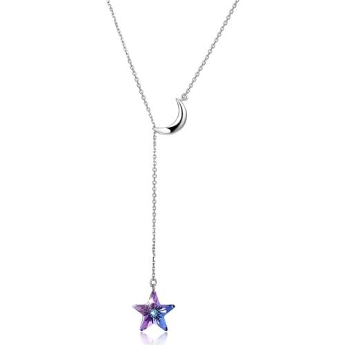 ZEMIOR 925 Sterling Silver Moon Star Necklace For Women Purple Austria Crystal Long Chain Double Pendant Necklaces Fine Jewelry