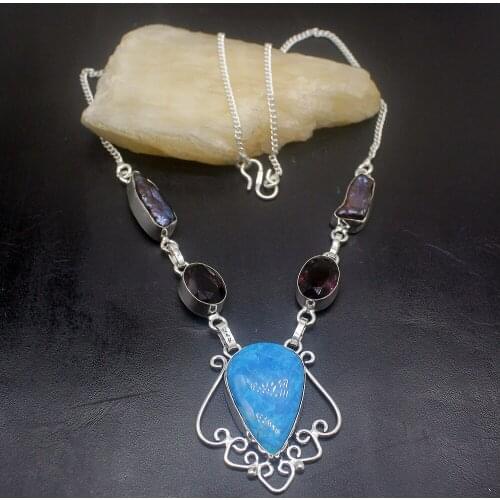 Unique Jewelry BlueJasper Amethystt Biwa Pearl Silver Color Women Necklace Chain 18 Inch HD255