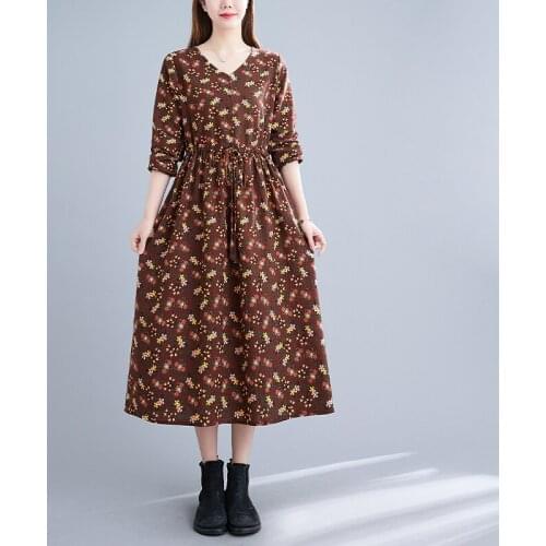 Vintage Print Floral Dress 2021 New Arrival Long Sleeve Cotton Linen Women Casual Autumn Spring Dress Office Lady Work Dress