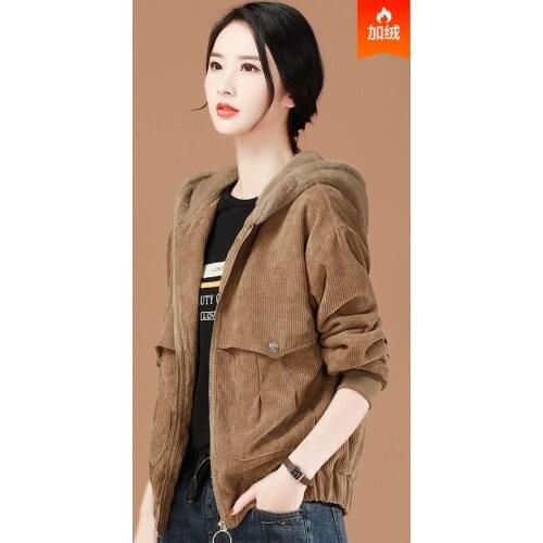 2021 winter new plus velvet thick corduroy short coat womens loose hooded warm elegant cotton coat