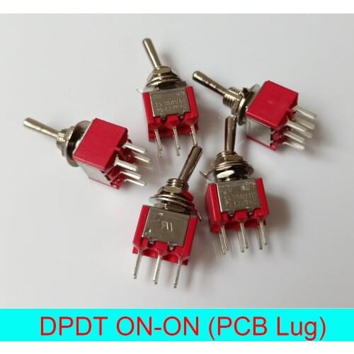 10pcs/Lot DPDT 6Pins 2Position ON-ON Miniature Rocker Toggle Switch with PCB Lug,3A/250VAC,6A/125VAC