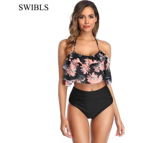 2020 Woman Plus Size Swimwear High Waist S-2XL Big Women Bathing Suits Floral Bikini Vintage Female Sexy Bather Swimsuits