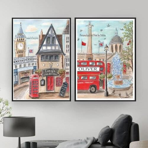 Anime Nursery Art Poster London Red Double Decker Bus and French Fish Fries Shop Canvas Painting Child Boy Girls Room Home Decor