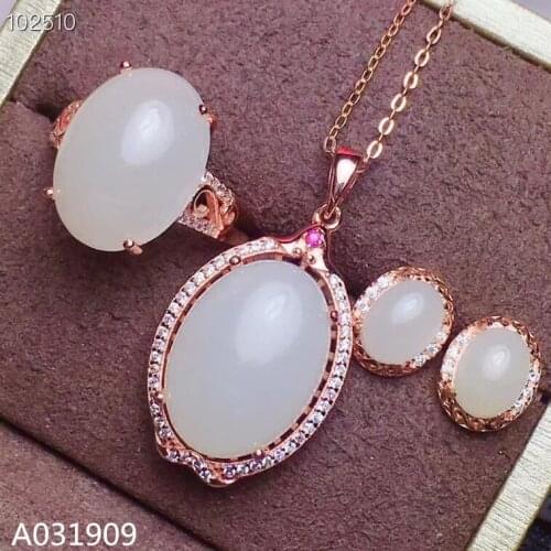 KJJEAXCMY boutique jewelry 925 sterling silver inlaid Natural White jade Necklace Ring Earring Set Support detection exquisite