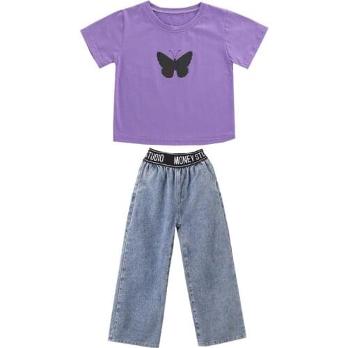 Girls Set Summer Short Sleeve T Shirt+ Jeans Wide-legged Pants Little Girl Big Childrens Clothing 4 5 6 7 8 9 10 11 12 Ages