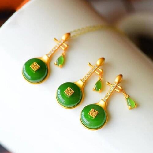 "The Pi-PA Player" Ancient Sterling Silver Gilding Inlaid Russian Spinach Green Jasper Pipa Pendant Female Classical Necklace