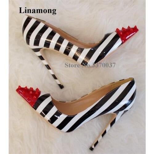 Linamong Brand Design Pointed Red Rivet Toe White-black Stripes Stiletto Heel Pumps Slip-on Patchwork Big Size High Heels