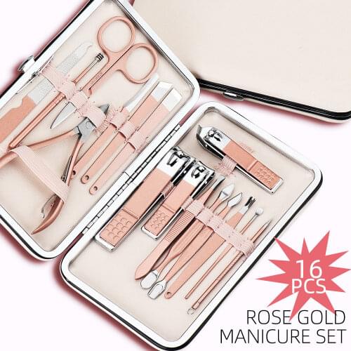 16pcs/set Rose Gold Manicure Nail Tools Stainless Steel Ear Spoon Cuticle Pusher Nail Clipper Eyebrow Scissor Tweezer Scraper