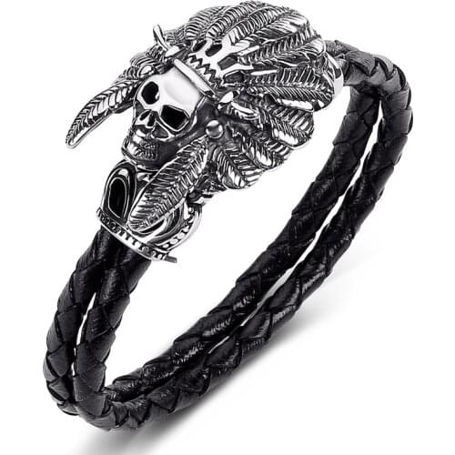 ZAER Mens Bracelet Punk Stainless Steel Mens Indian Feathers Skull Personality Bracelet Mens Leather Bracelet Custom Jewelry