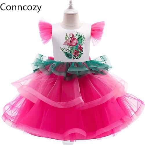2021 Summer New Net Red Flamingo Cute Girl Sleeveless Mesh Prom Catwalk Dress Princess Tutu Skirt with Party Dress Girl Dress