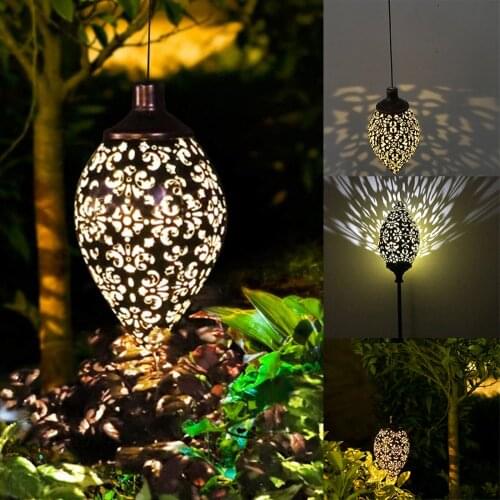 Solar Hanging Lights Water Drip Olive Shaped Metal Art Lamp Waterproof Garden LED Lantern Decorative for Outdoor