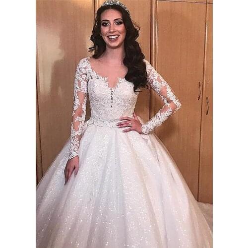 Luxury Ball Gown Wedding Dress Long Sleeves With Beaded Wedding Dresses Lace Appliques Bling Bling Customize Bridal Gowns