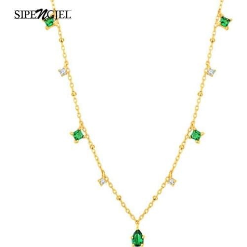 SIPENGJEL Gold Silver Color Pendant Choker Necklace Green Zircon Clavicle Chain Necklaces For Women Party Jewelry Gift 2021