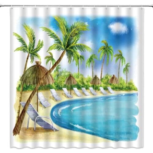 Ocean Scenery Shower Curtains Coconut Tree Beach Loungers by The Sea Watercolor Pattern Bathroom Decor Cloth Hanging Curtain Set