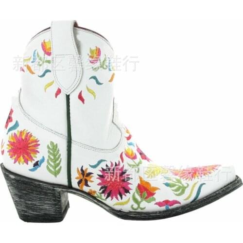 Women Ankle Boots Cowboy Pointed Toe Square Thick Heel Faux Leather Pull on Plus Size 34-43 Black White Casual Autumn Chaussures