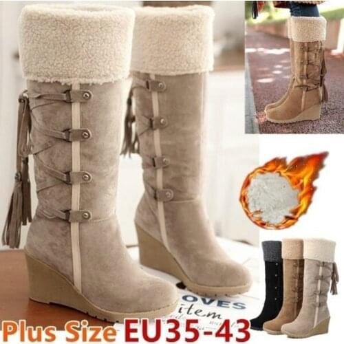 Women Knee-High Boots Winter Snow Boots Wedges Keep Warm Shoes for Women Tassel High Heel Boots Cotton-padded Knee High Boots